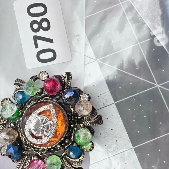 Collage beaded Brooch Handmade Repurposed Artisan Vibrant Crystal 0780 P - Picture 7 of 7